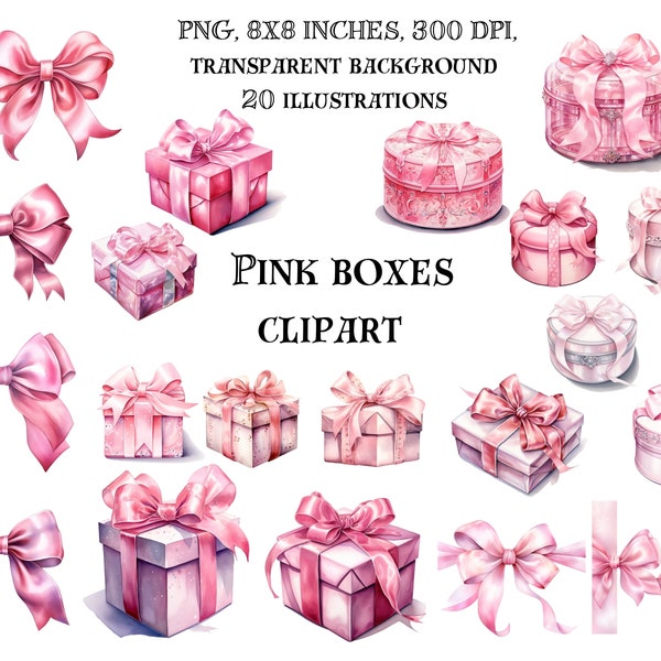 Chic Pink Boxes Clip Art - Digital Illustrations of Elegant Gift Wraps - Stylish Present Boxes in Pretty Pink Shades - Instant Download