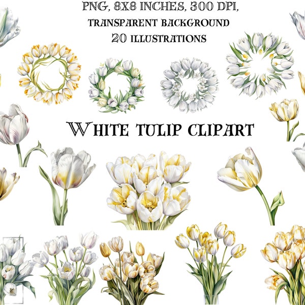 Élégant clipart tulipe blanc et or - motifs floraux élégants, fleurs numériques pour une décoration chic, téléchargement immédiat, élégance moderne