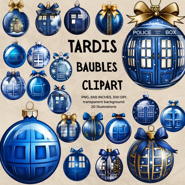 Tardis Christmas baubles blue police box minimal decor illustration ready for Christmas cards, Whovian holiday decor for Doctor Who fans