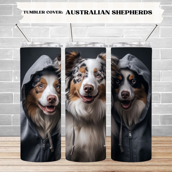 Australian shepherd 20oz Sublimation Tumbler Design, cute Australian shepherds wearing hoodies 9.2 x 8.3” Straight Skinny Tumbler Wrap PNG