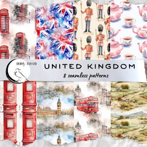 Padrões sem emenda do Reino Unido - Designs de inspiração britânica para tecidos, papel de parede e artesanato - Marcos de Londres - Download instantâneo