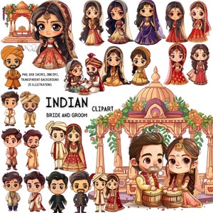 Personagens de desenhos animados de noivos indianos - arte digital personalizável fofa para convites, casamentos, noivados e celebrações festivas