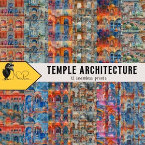 Modèles sans couture d'architecture de temple élégante | Motifs sacrés, historiques, ornementaux, papier numérique, téléchargement immédiat, travaux manuels