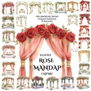 Elegant Rose Mandap - Weelderig Indiaas bruiloftsdecor voor een luxueuze en elegante ceremonieillustraties - 25 png-afbeeldingen met hoge resolutie