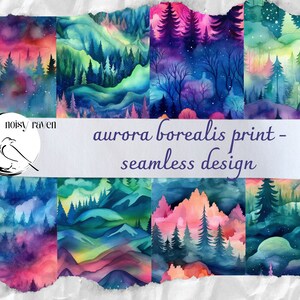 Modelli senza cuciture Aurora Boreale - Disegni magici per tessuti, articoli di cancelleria e artigianato - Stampa acquerello foresta nordica - Download istantaneo