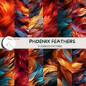Phoenix Feathers Seamless Patterns - Fiery Plumage Repeat Print - Dessins mystiques pour le tissu, la papeterie et l’artisanat - Téléchargement instantané