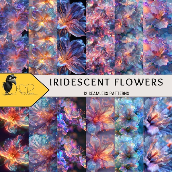 Iridescent Flowers Seamless Patterns - Bold Colourful Floral Artwork - Vibrant Graphics for Stationery, Decor, and Crafts - Digital Download