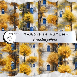Whovian Tranquillity: TARDIS in Autumn Park Naadloze patronen - Tijdreis-elegantie voor elk ontwerp - Perfect voor sciencefiction- en herfstliefhebbers