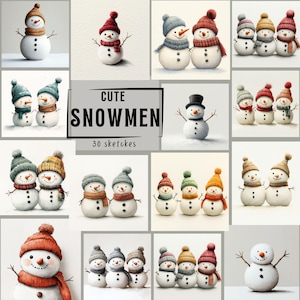Adorabili schizzi di pupazzo di neve - Graziose illustrazioni digitali invernali per biglietti di Natale, artigianato e scrapbooking - Download immediato