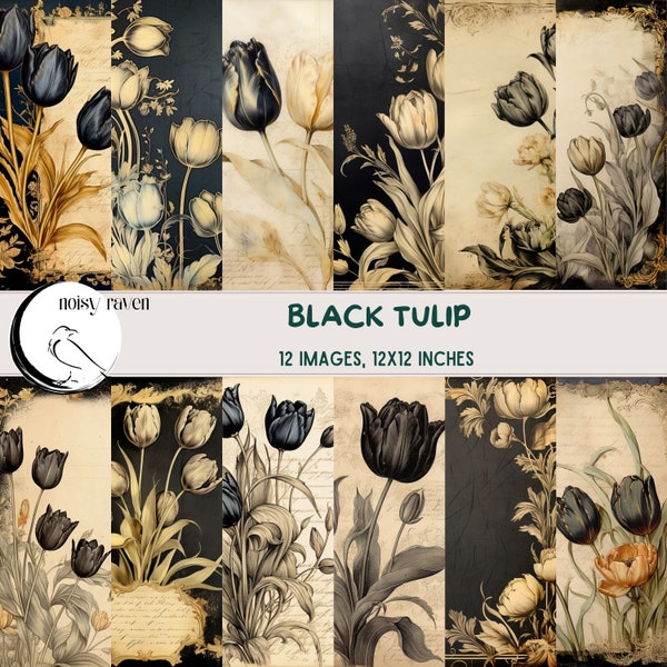 Timeless Elegance: Black Tulip Aged Journaling Paper - Vintage Digital Stationery - Elegant Floral Design - Antique Charm - Instant Download