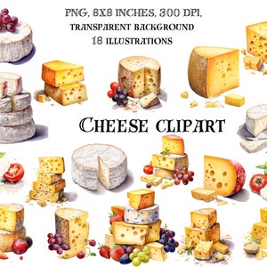 Clipart de queijo - Ilustrações culinárias de laticínios - Gráficos digitais de comida gourmet - Download instantâneo