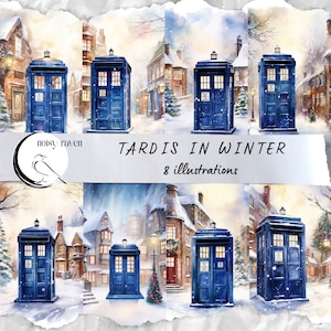 TARDIS in Winter Village - Grillige Doctor Who Geïnspireerde kunst voor feestelijk decor - Sci Fi Wall Art - Digitale Download