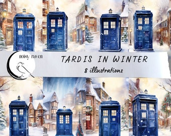 TARDIS in Winter Village - Whimsical Doctor Who Inspired Art for Festive Decor - Sci Fi Wall Art - Digital Download