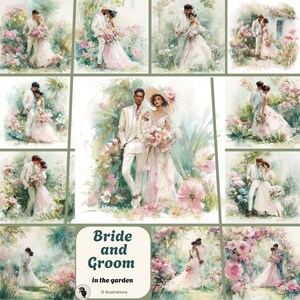 Romantische Glückseligkeit: Hochzeit im Garten Illustration - Digitale Kunst, Zeremonie im Freien - Elegante Blumenszene - Sofortiger Download Liebe