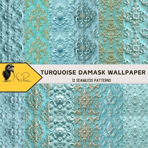 Teal Damascus Seamless Patterns - Download digitale per tessuti eleganti, carta da parati e progetti di design - Stampa ripetuta di carta da parati turchese