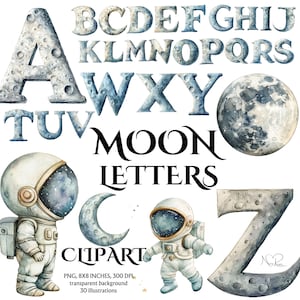 Mond Alphabet Clipart mit niedlichen Astronauten - 26 Weltraum Buchstaben PNG für Kinderhandwerk, Kinderzimmer Dekor & Lernen - Junge Weltraum-Enthusiasten Kunst