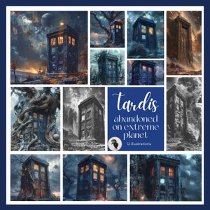 Prachtige TARDIS-illustraties op apocalyptische planeten - digitale kunstbestanden voor scifi-fans, perfect voor prints en interieurdecoratie - blauwe politiedoos