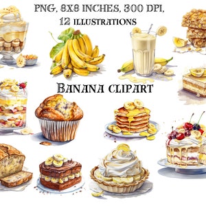 Leckere Bananen Rezepte Clip Art Set - Kulinarische Illustrationen für Foodies - Instant Download