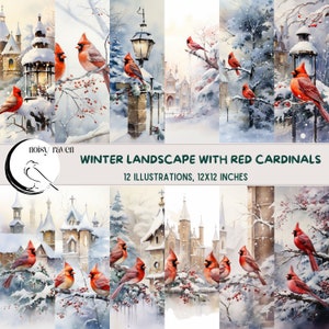 Cardinaux rouges dans des scènes d'hiver - De la magie festive pour vos créations - - Découvrez l'élégance des cardinaux enneigés dans des illustrations hivernales douillettes