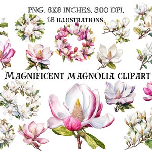 Magnifique clipart magnolia - illustrations numériques de fleurs élégantes, motifs floraux gracieux pour téléchargement immédiat - beauté botanique