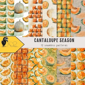 Motifs frais à l'aquarelle de cantaloup : délicieux motifs numériques pour travaux manuels et décoration - Collection d'été à téléchargement immédiat