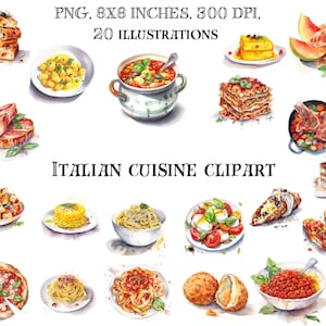 Indulge in Italy: Italian Cuisine Clip Art Artistic Illustrations of Pasta, Pizza, and Mediterranean Culinary Delights image 1