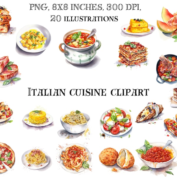 Genuss in Italien: Italienische Küche Clip Art - künstlerische Illustrationen von Pasta, Pizza und mediterranen Gaumenfreuden