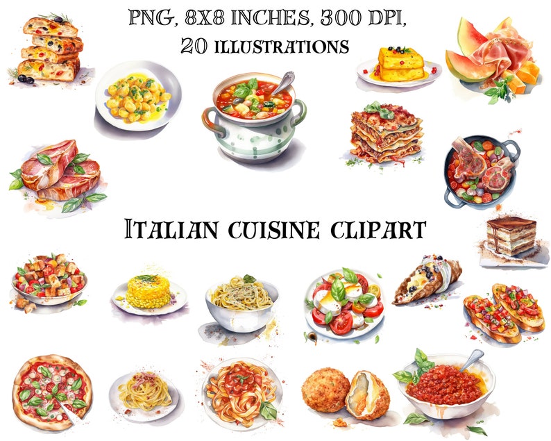 Indulge in Italy: Italian Cuisine Clip Art Artistic Illustrations of Pasta, Pizza, and Mediterranean Culinary Delights image 1