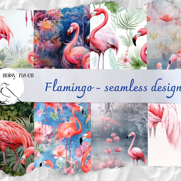 Aquarelle Flamingo Seamless Patterns - Pink Bird Repeat Print - Dessins tropicaux pour tissu, papeterie et artisanat - Téléchargement instantané