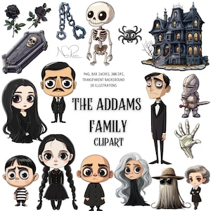 Addams Family Stickers Clip Art - Spooky, Gothic, Cute Halloween Printable for Crafts, Scrapbooking, Digital Art & Party Decor