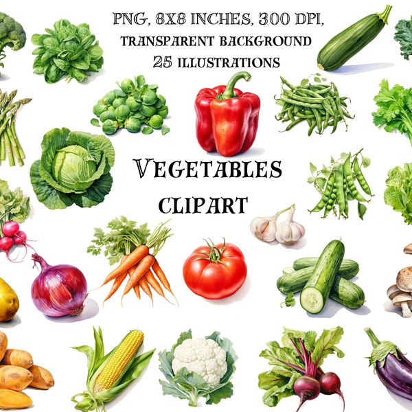 Vegetables Clip Art - Fresh, Vibrant Illustrations for Culinary Creations, Kitchen Decor, and Healthy Designs - Digital Download