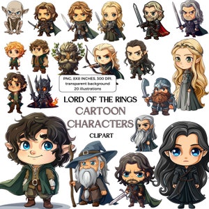 Herr der Ringe Cartoons Clipart - Süße kultige Charaktere Frodo, Sauron, Gandalf - Fantasy digitale Illustration für Fans - Sofort Download