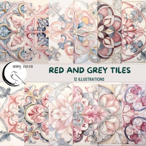 Majolica Burgundy Grey Tiles - Elegante keramische illustraties voor Home Decor - Art Nouveau Home Decor - Instant Download