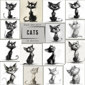 Croquis de chat hilarants - dessins drôles au crayon noir et blanc pour les fanatiques de félins - téléchargement immédiat