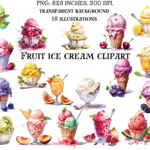 Set di clip art con gelato alla frutta - Grafica digitale vivace e divertente per progetti fai da te, scrapbooking e inviti - Download immediato