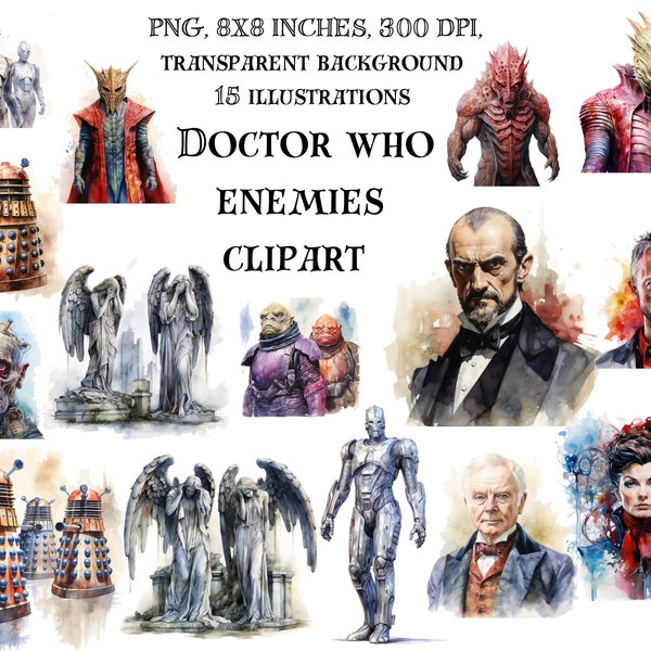 Doctor Who Enemies Clip Art - Iconic Villains Illustrations - Sci-Fi Digital Graphics for Fans - Instant Download - Dalek, Weeping Angels