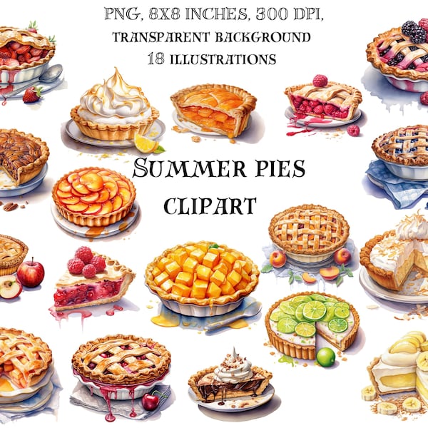 Delicious Delights: Summer Pies Clip Art Set - Fruit-filled Tarts, Vibrant Desserts, Perfect for Seasonal Baking and Sunny Picnics