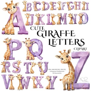 Clipart de alfabeto de girafa bebê – 26 letras verdes com girafas fofas PNG para decoração de berçário, artesanato e aprendizado – Animais de A a Z