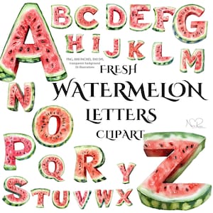 Conjunto de imágenes prediseñadas del alfabeto de sandía en acuarela: letras y números de frutas para proyectos de verano - Vectores de letras jugosas de la A a la Z