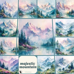 Illustrations majestueuses à l'aquarelle de montagnes - Des scènes à couper le souffle pour des oeuvres d'art et une décoration murales tranquilles - Découvrez la majesté de la nature