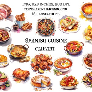 Saborea España: Clip Art de cocina española - Ilustraciones artísticas de cocina flamenca, paella y delicias culinarias ibéricas
