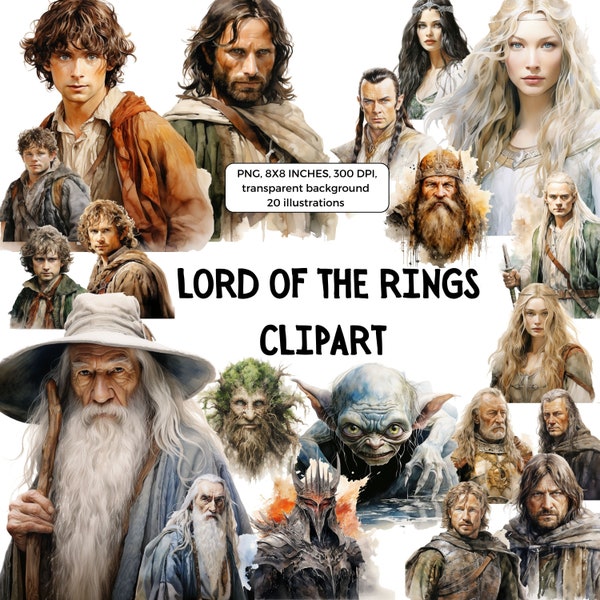 Lord of the Rings clip art - iconic characters Frodo, Aragorn, Gandalf - fantasy digital illustrations for fans - instant download