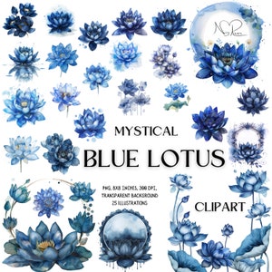 Ätherischer Blauer Lotus Clip Art Set: Gelassene, digitale Aquarelle zum Basteln & Dekorieren - Instant Download