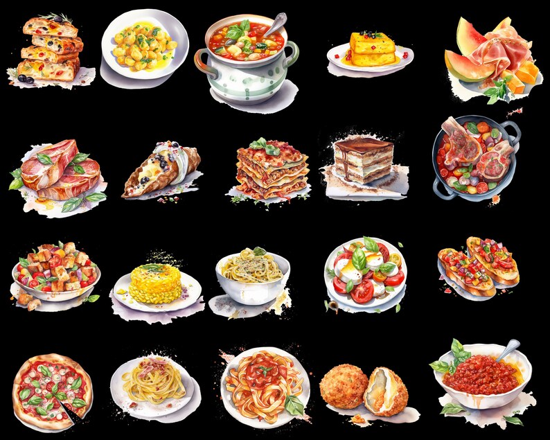 Indulge in Italy: Italian Cuisine Clip Art Artistic Illustrations of Pasta, Pizza, and Mediterranean Culinary Delights image 3