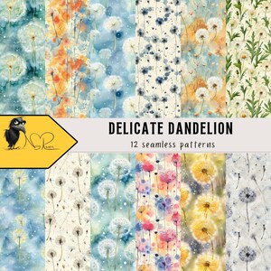 Padrões sem emenda de dente-de-leão - Arte de flores de primavera para decoração de casa delicada e criações botânicas - Download instantâneo