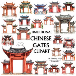 Pacchetto di clipart di cancelli cinesi tradizionali: illustrazioni vettoriali personalizzabili e di alta qualità per progetti culturali e creativi