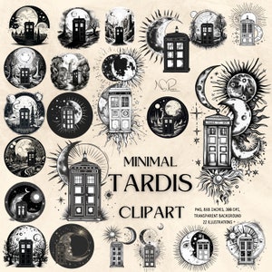 Minimale Tardis Clip Art - Alchemistische Sci-Fi Illustrationen für Doctor Who Enthusiasten und Zeitreisen Fans - Tardis inmitten von Sternen und Monden