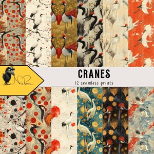 Mooie kranen naadloze patronen | Vogels, natuur, decoratieve ontwerpen, digitaal papier, direct downloaden, doe-het-zelf-projecten, ambachten