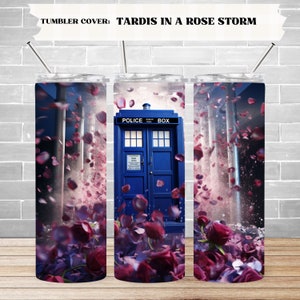 Tardis Blue Police Box in a rose storm 20oz Sublimation Tumbler Design, Doctor Who 9.2 x 8.3” Straight Skinny Tumbler Wrap PNG