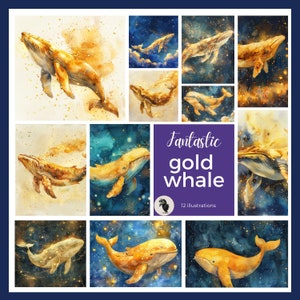 Fantastische gouden walvisillustraties - schattige digitale kunst voor kinderkamerinrichting, kinderkamers en ambachten - hoogwaardige bestanden voor directe download